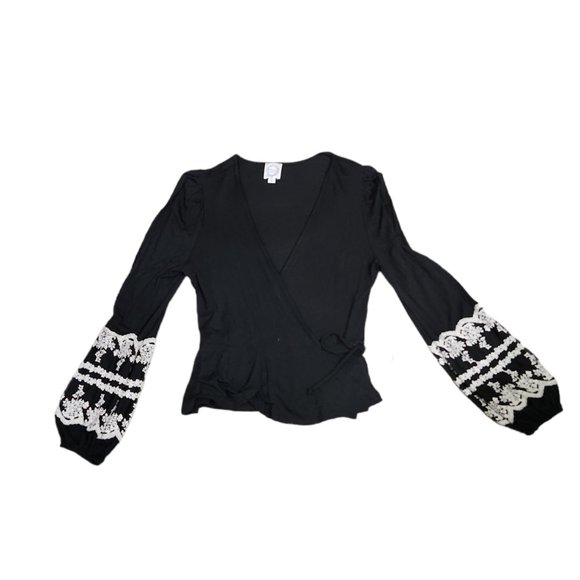 ❤️2/$18 Blue Rain Black Tie Front Warp up Cardigan Cover-Up Top S - Picture 5 of 9